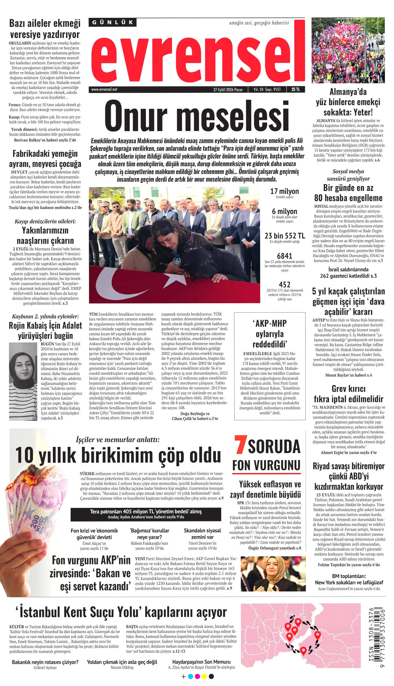 EVRENSEL gazetesinin 27 Eylül 2026 tarihli birinci sayfası