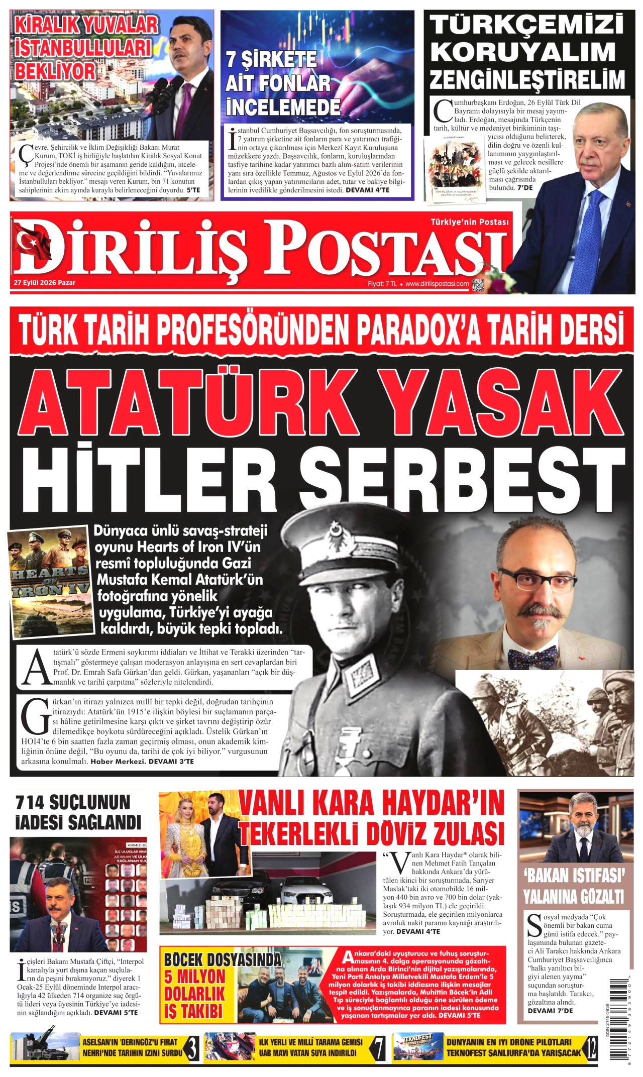DİRİLİŞ POSTASI gazetesinin 27 Eylül 2026 tarihli birinci sayfası