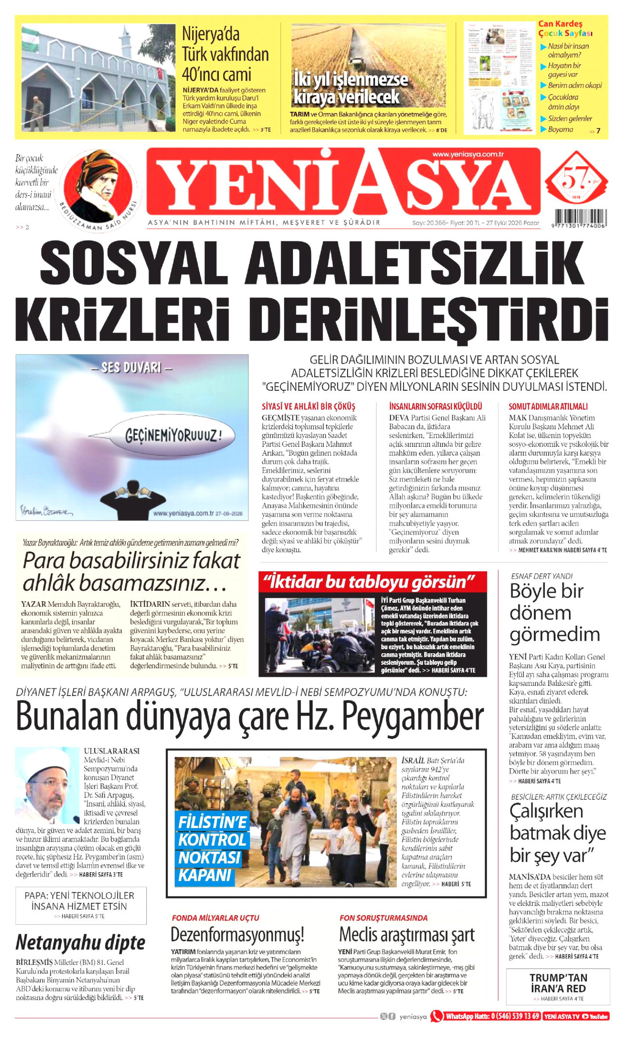 YENİ ASYA gazetesinin 27 Eylül 2026 tarihli birinci sayfası