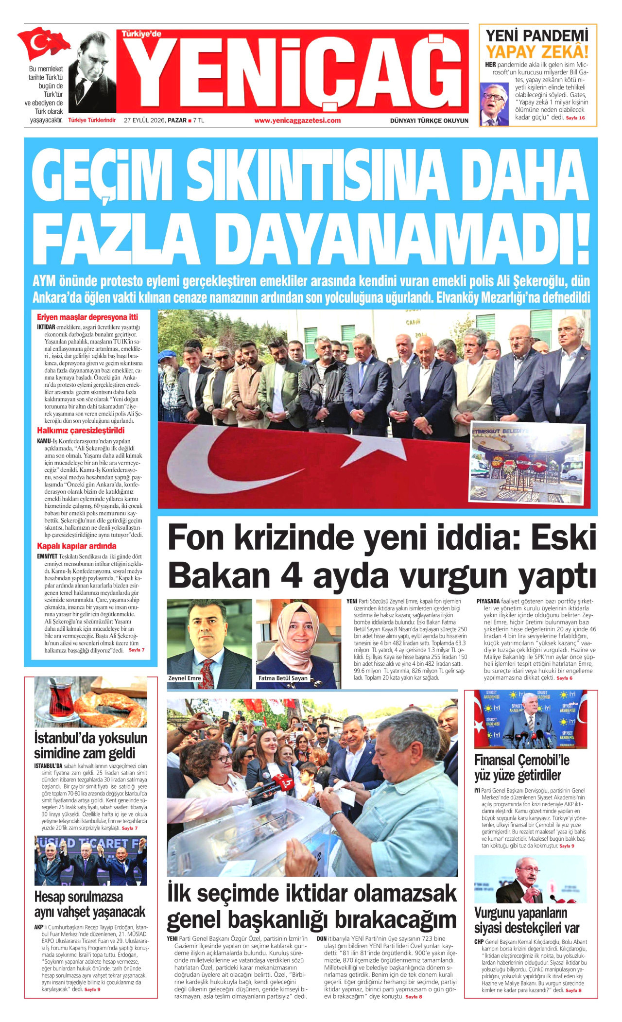 YENİÇAĞ gazetesinin 27 Eylül 2026 tarihli birinci sayfası
