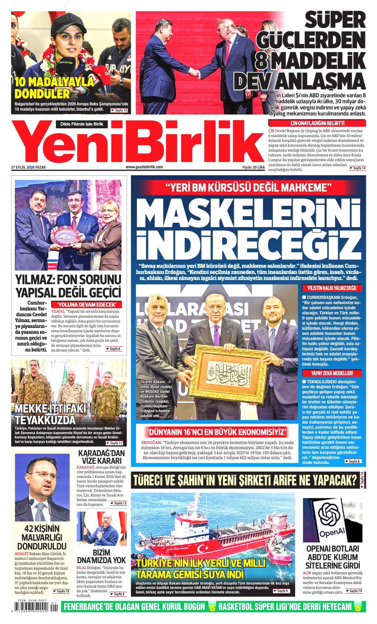 YENİBİRLİK gazetesinin 27 Eylül 2026 tarihli birinci sayfası