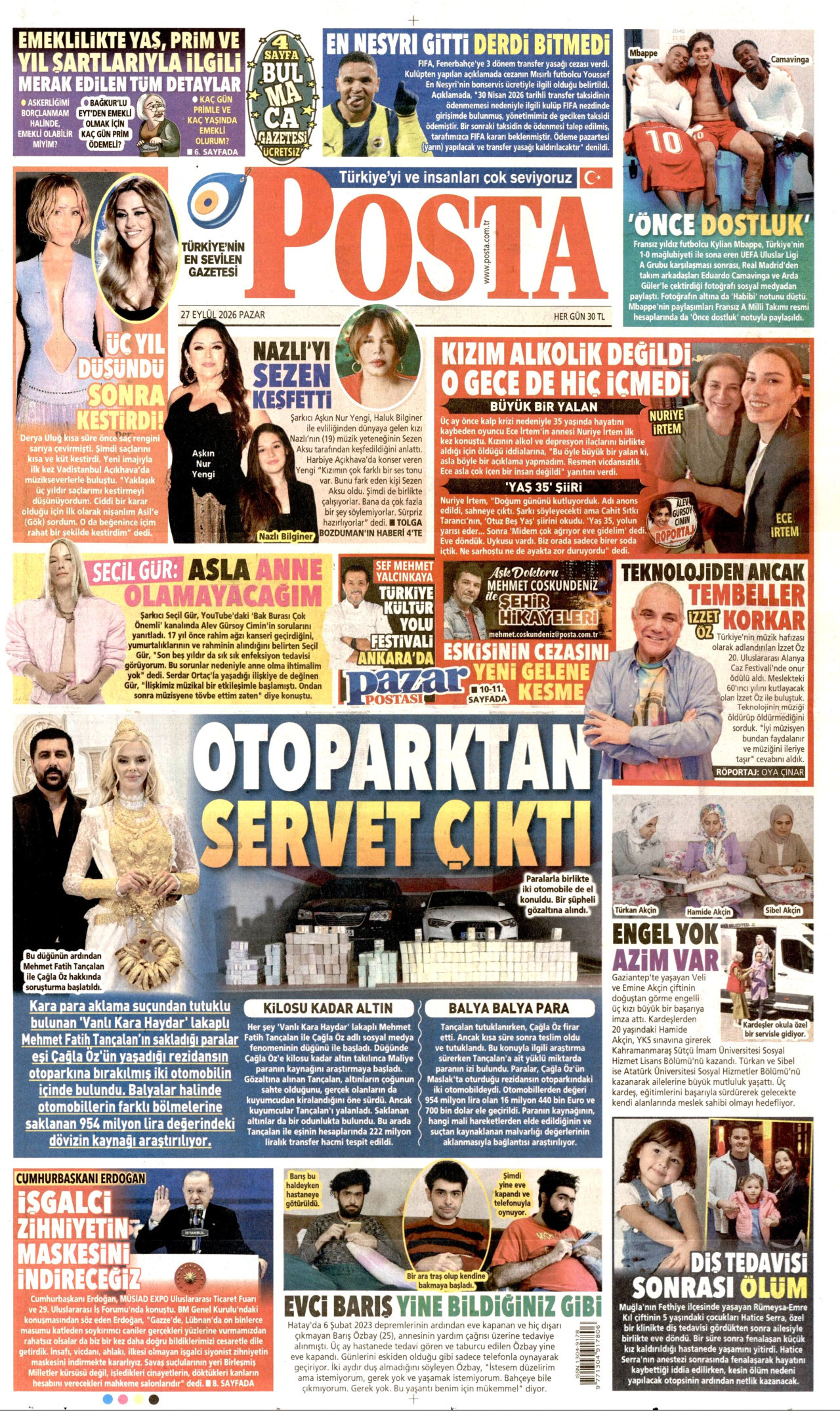 POSTA gazetesinin 27 Eylül 2026 tarihli birinci sayfası