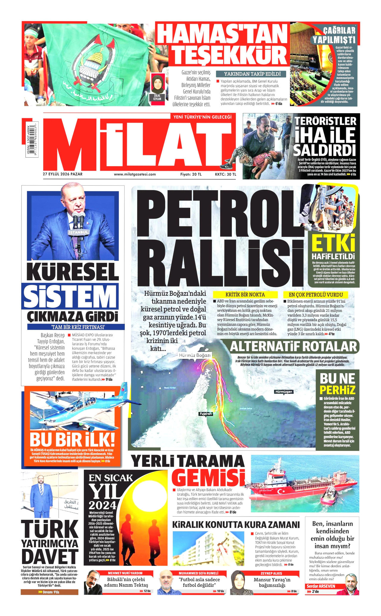 MİLAT gazetesinin 27 Eylül 2026 tarihli birinci sayfası