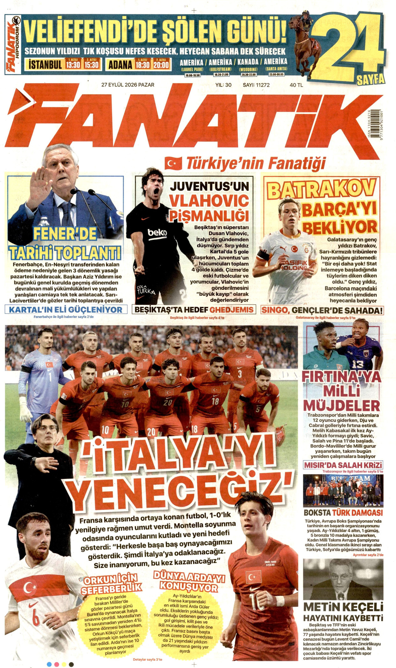 FANATİK gazetesinin 27 Eylül 2026 tarihli birinci sayfası