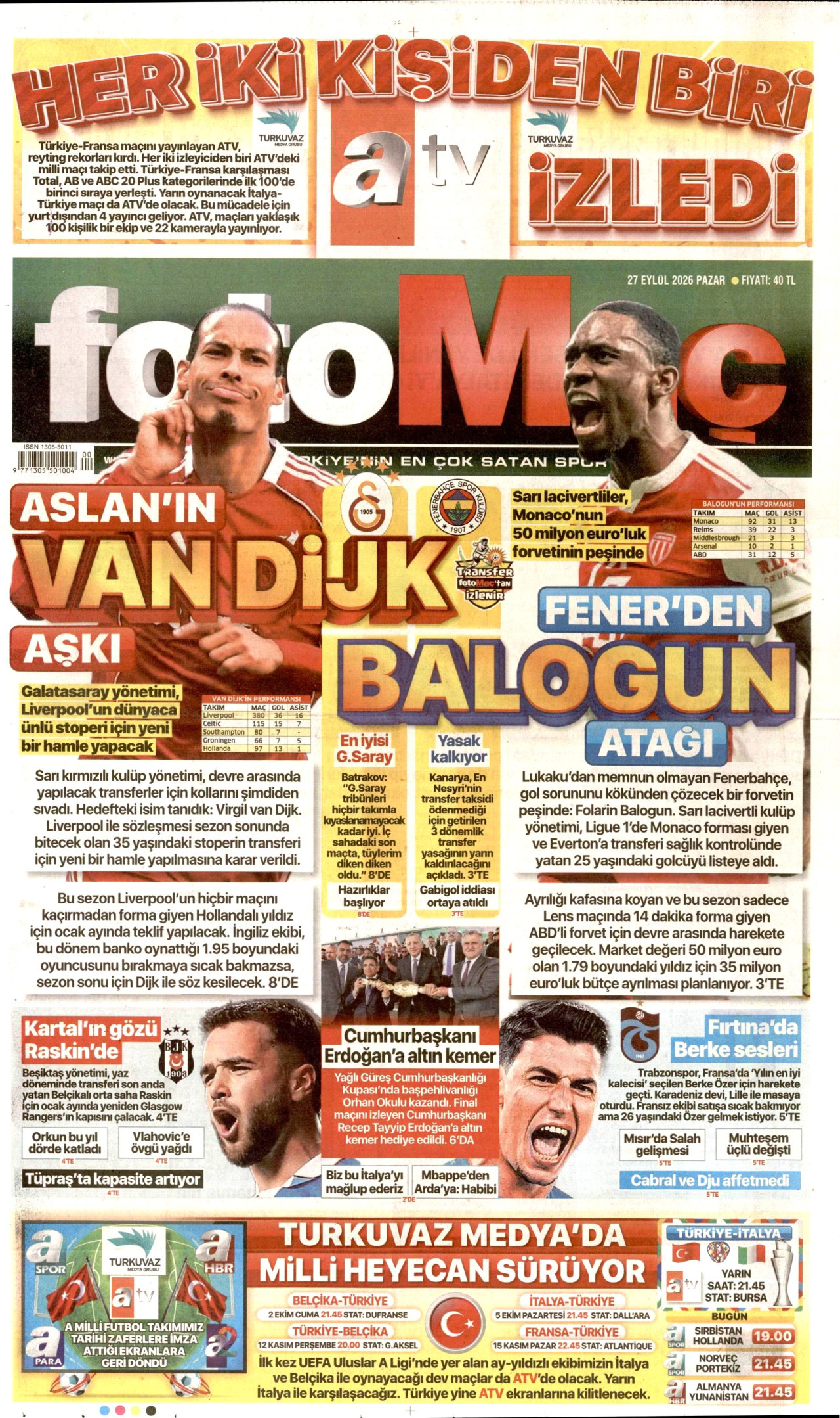 FOTOMAÇ gazetesinin 27 Eylül 2026 tarihli birinci sayfası