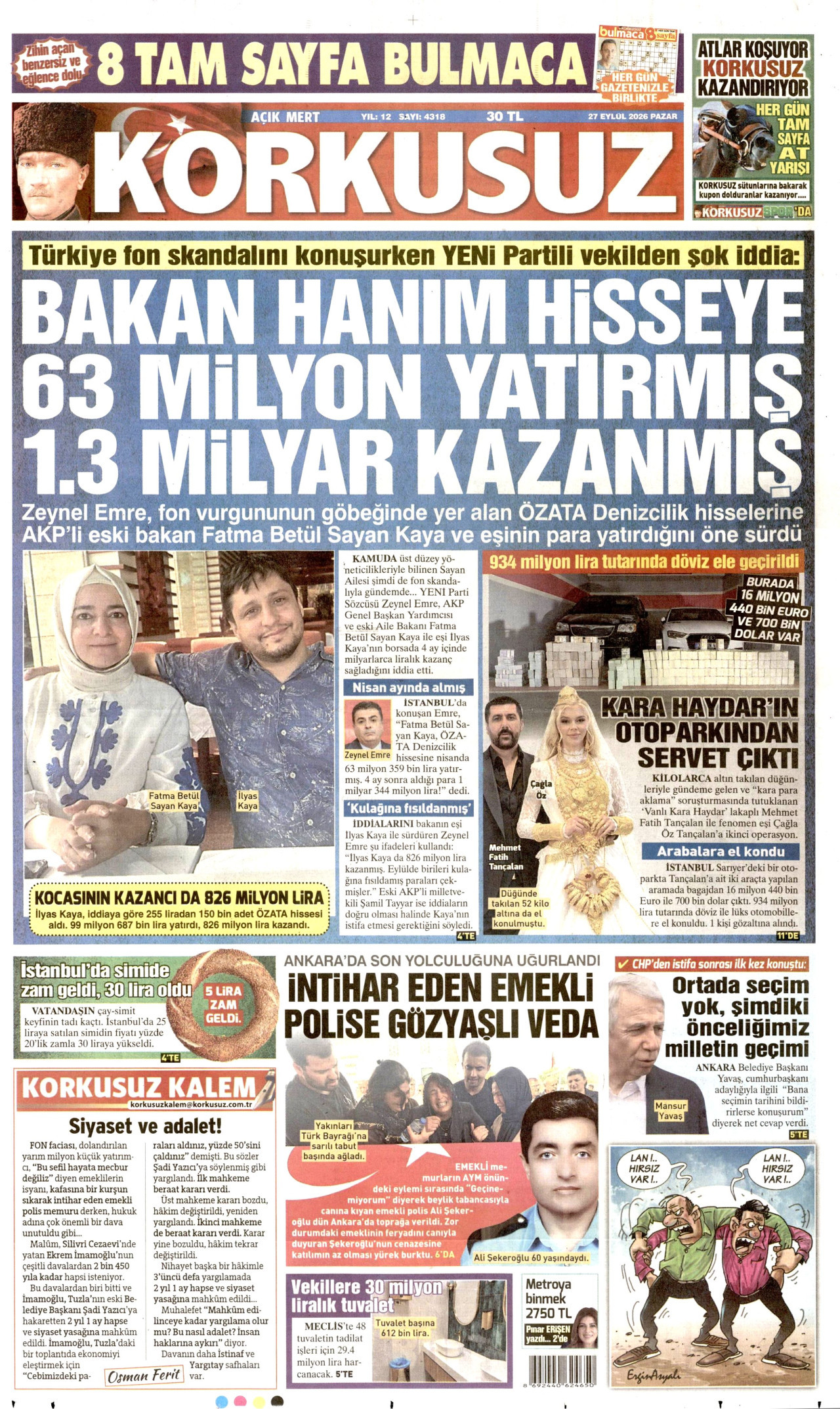 KORKUSUZ gazetesinin 27 Eylül 2026 tarihli birinci sayfası