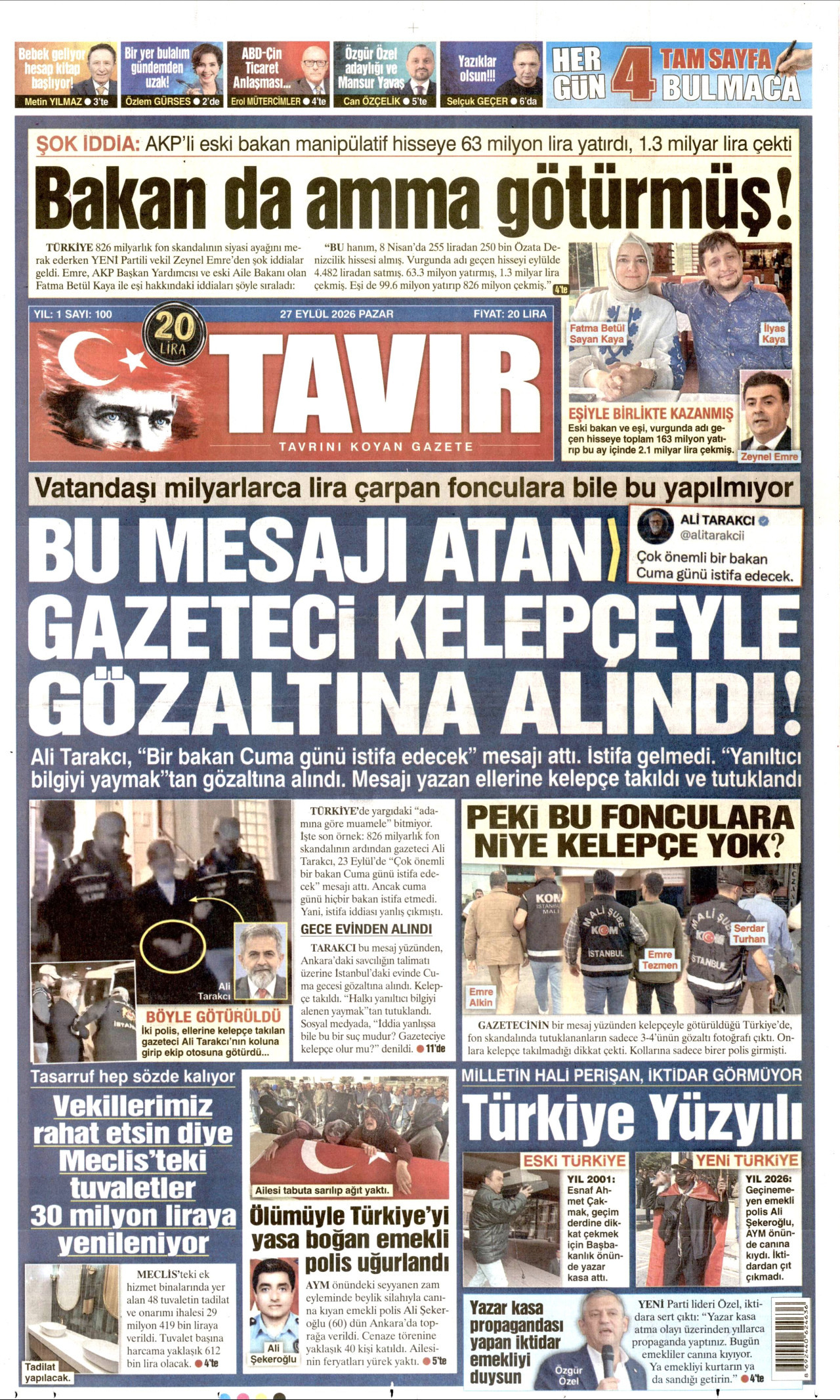 TAVIR GAZETESİ gazetesinin 27 Eylül 2026 tarihli birinci sayfası
