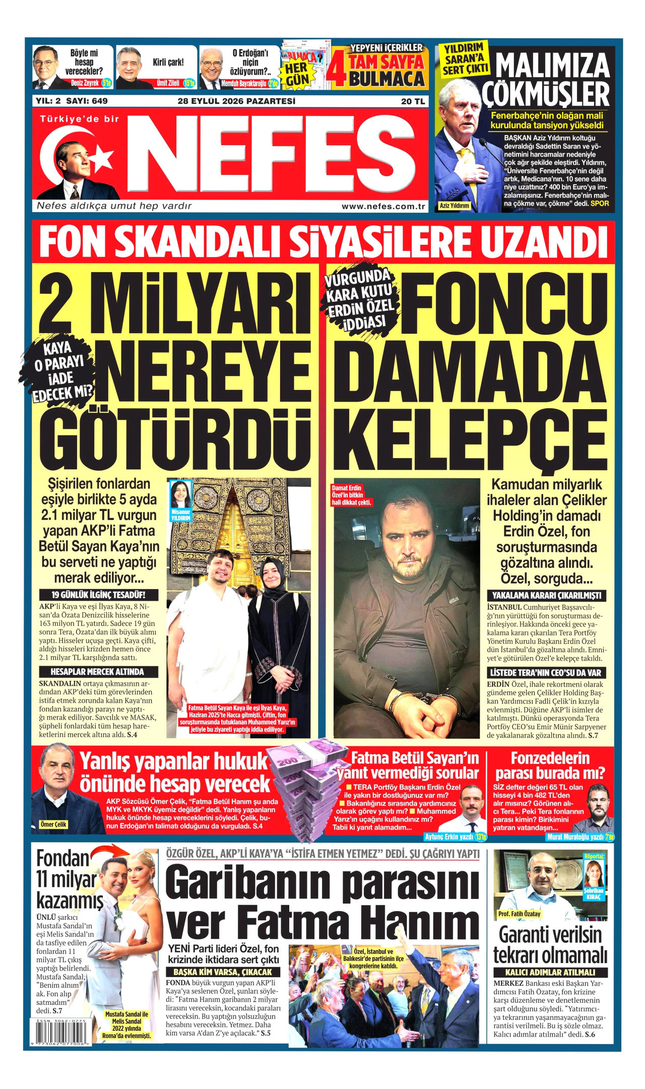 NEFES gazetesinin 28 Eylül 2026 tarihli birinci sayfası