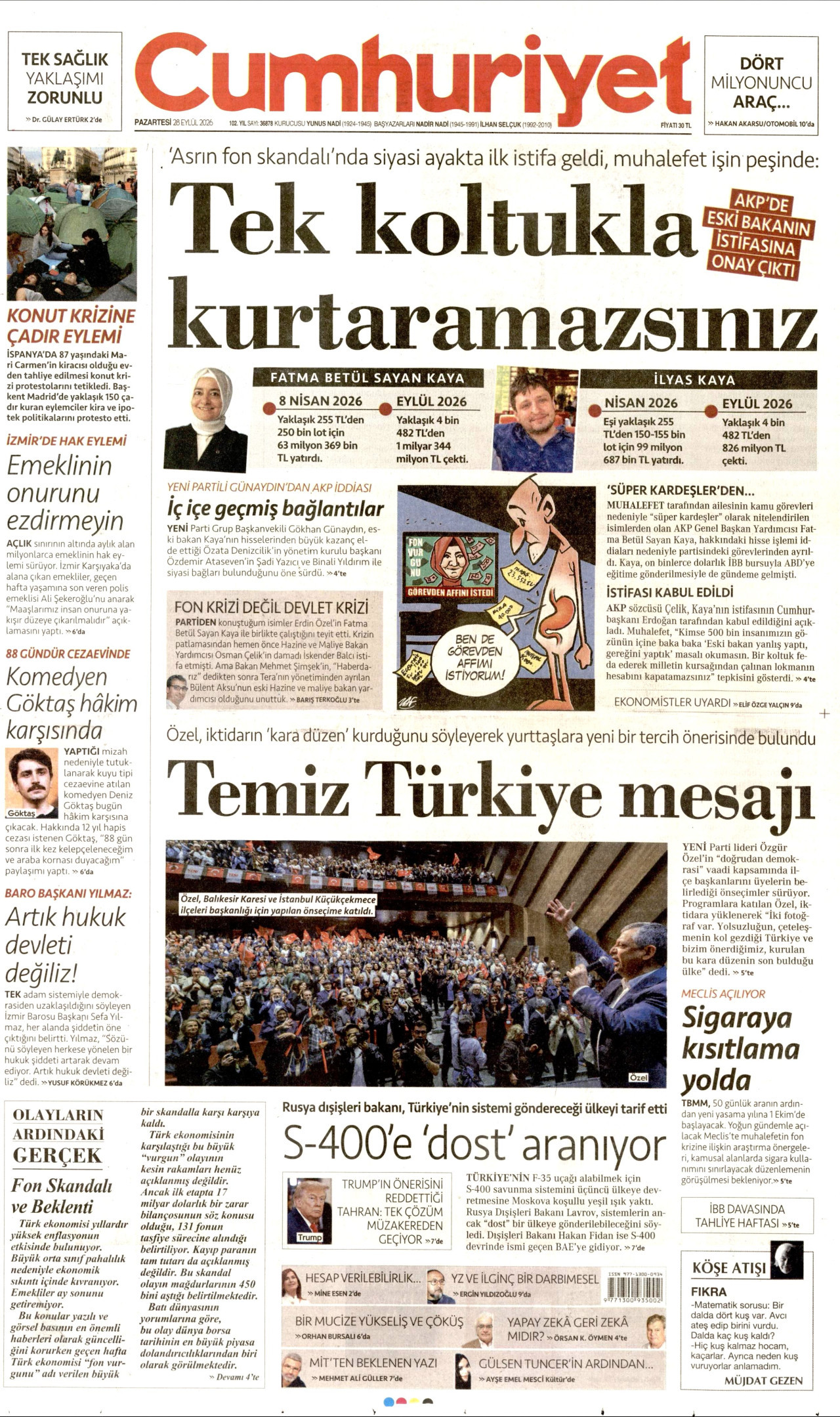 CUMHURİYET gazetesinin 28 Eylül 2026 tarihli birinci sayfası
