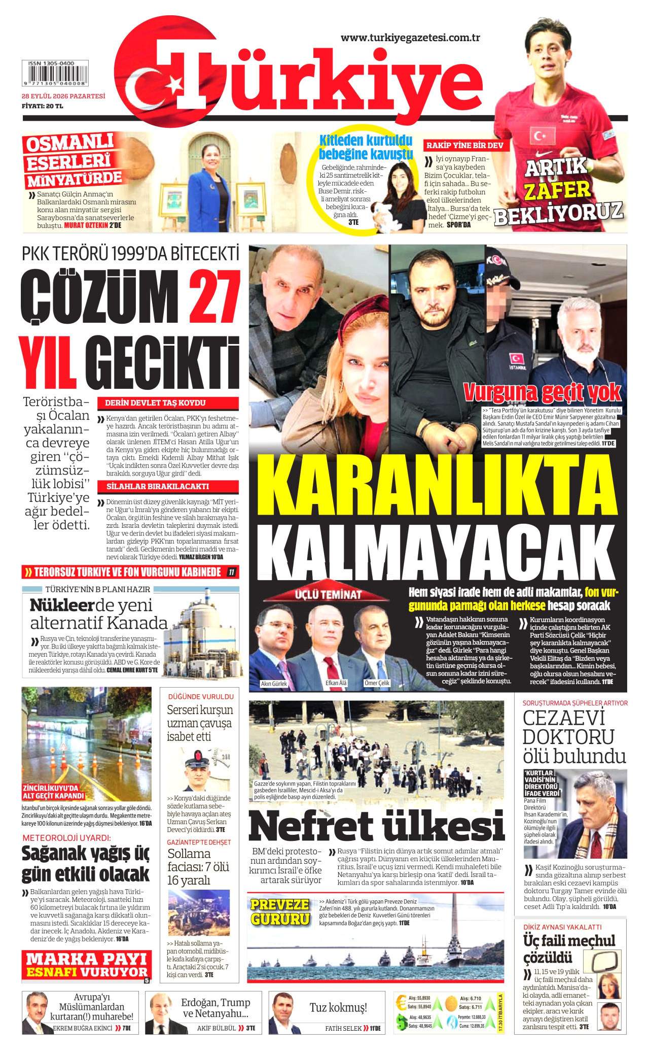 TÜRKİYE GAZETESİ gazetesinin 28 Eylül 2026 tarihli birinci sayfası