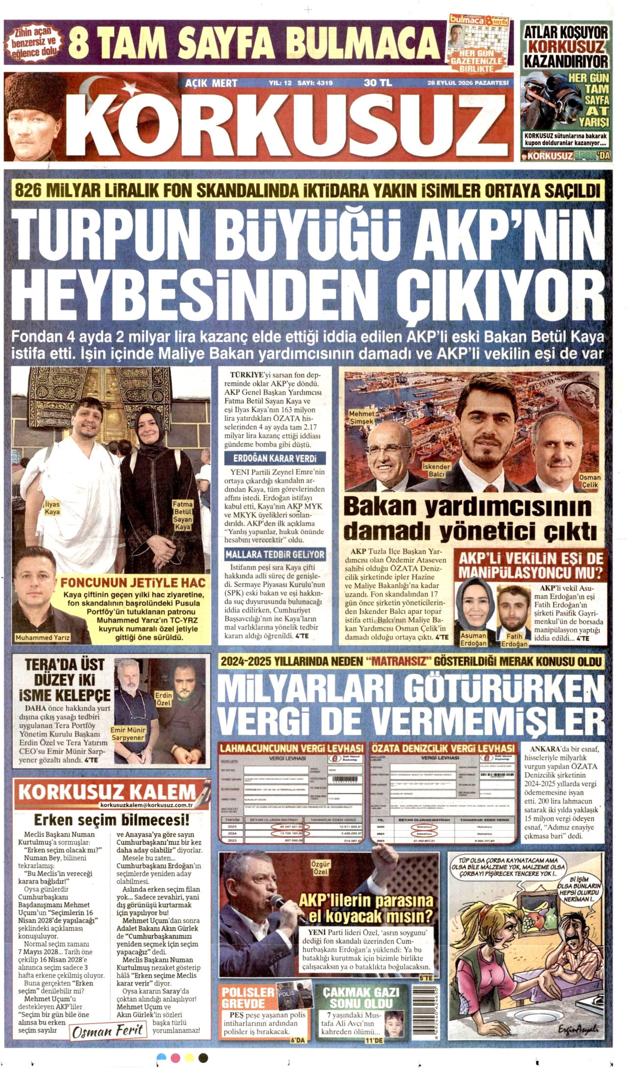 KORKUSUZ gazetesinin 28 Eylül 2026 tarihli birinci sayfası