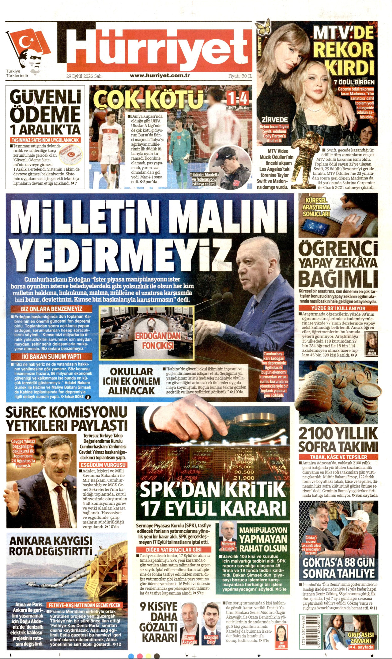 HÜRRİYET gazetesinin 29 Eylül 2026 tarihli birinci sayfası