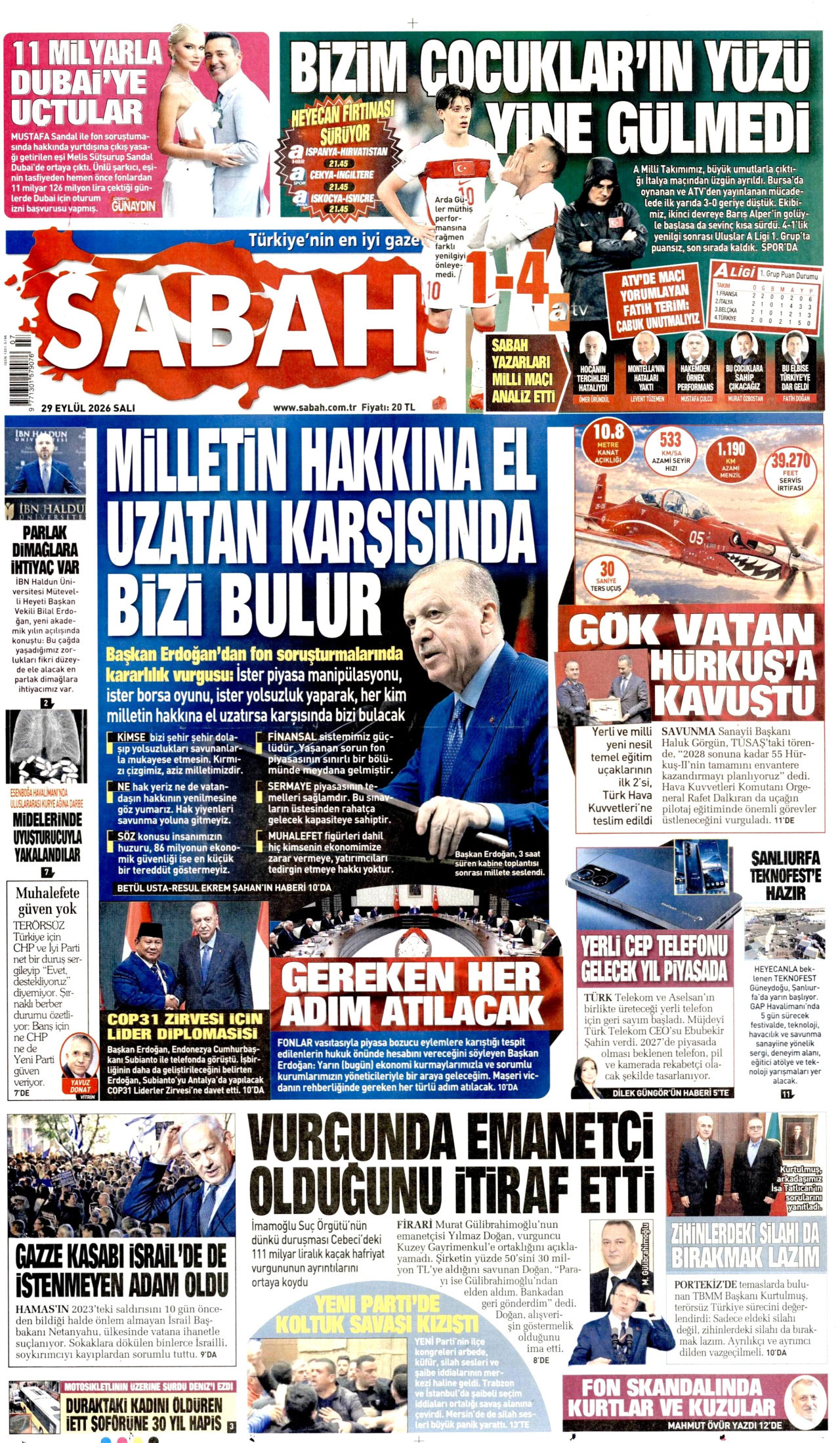 SABAH gazetesinin 29 Eylül 2026 tarihli birinci sayfası