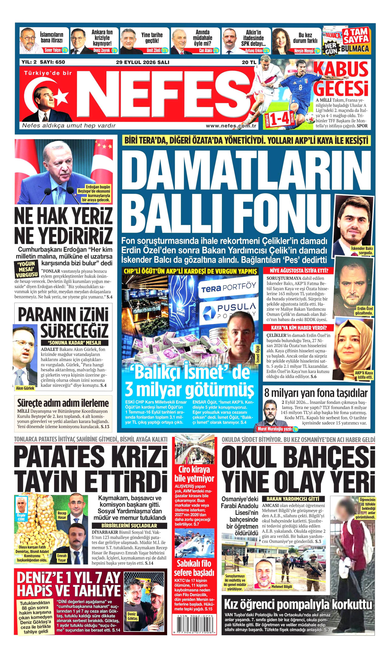NEFES gazetesinin 29 Eylül 2026 tarihli birinci sayfası