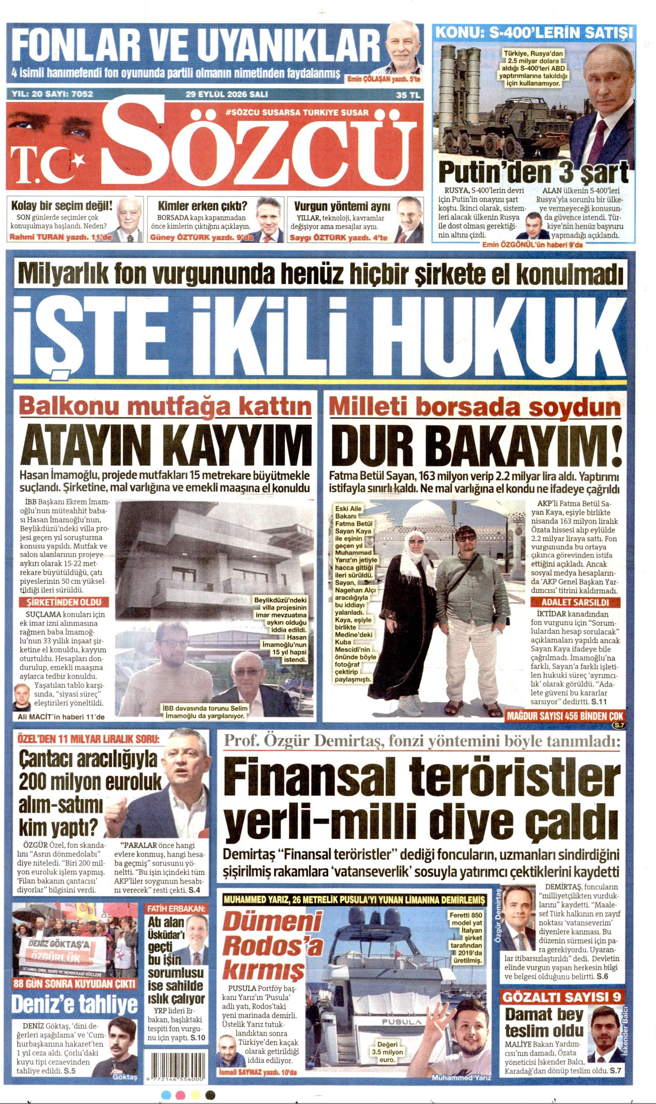SÖZCÜ gazetesinin 29 Eylül 2026 tarihli birinci sayfası