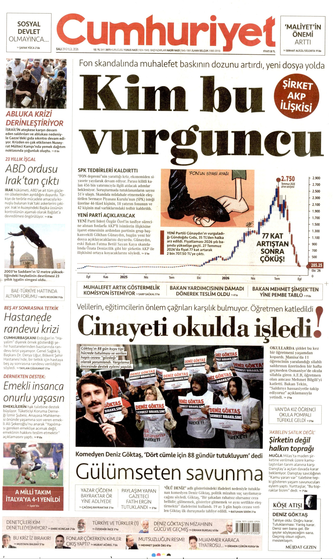 CUMHURİYET gazetesinin 29 Eylül 2026 tarihli birinci sayfası