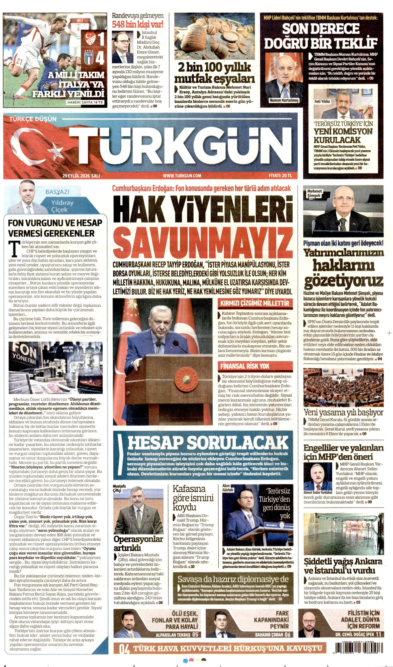 TÜRKGÜN gazetesinin 29 Eylül 2026 tarihli birinci sayfası