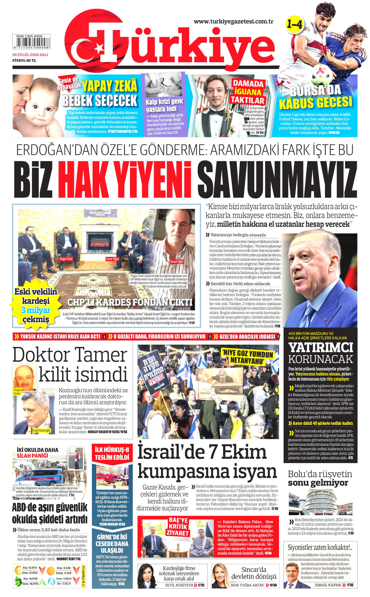 TÜRKİYE GAZETESİ gazetesinin 29 Eylül 2026 tarihli birinci sayfası