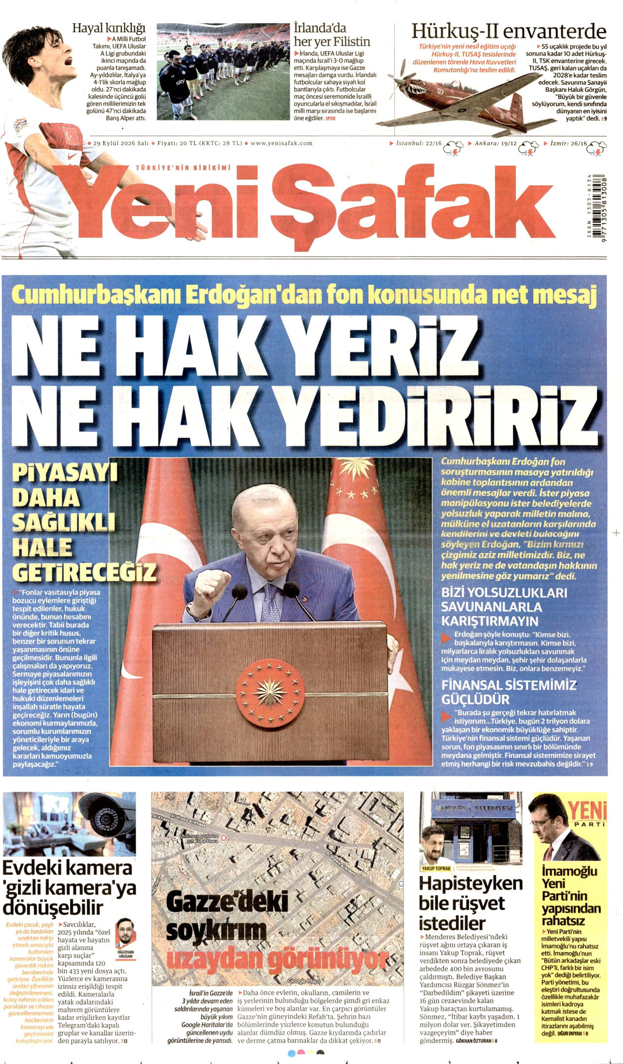 YENİ ŞAFAK gazetesinin 29 Eylül 2026 tarihli birinci sayfası