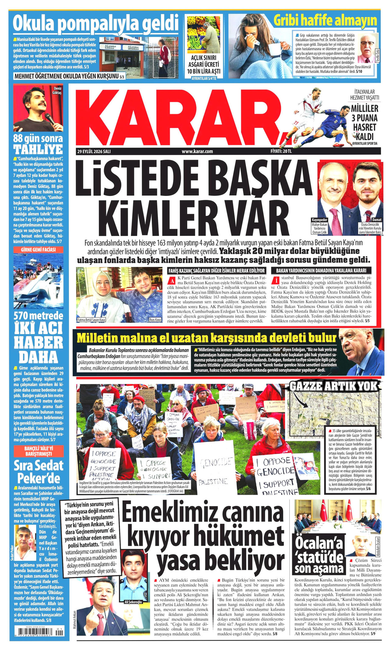 KARAR gazetesinin 29 Eylül 2026 tarihli birinci sayfası