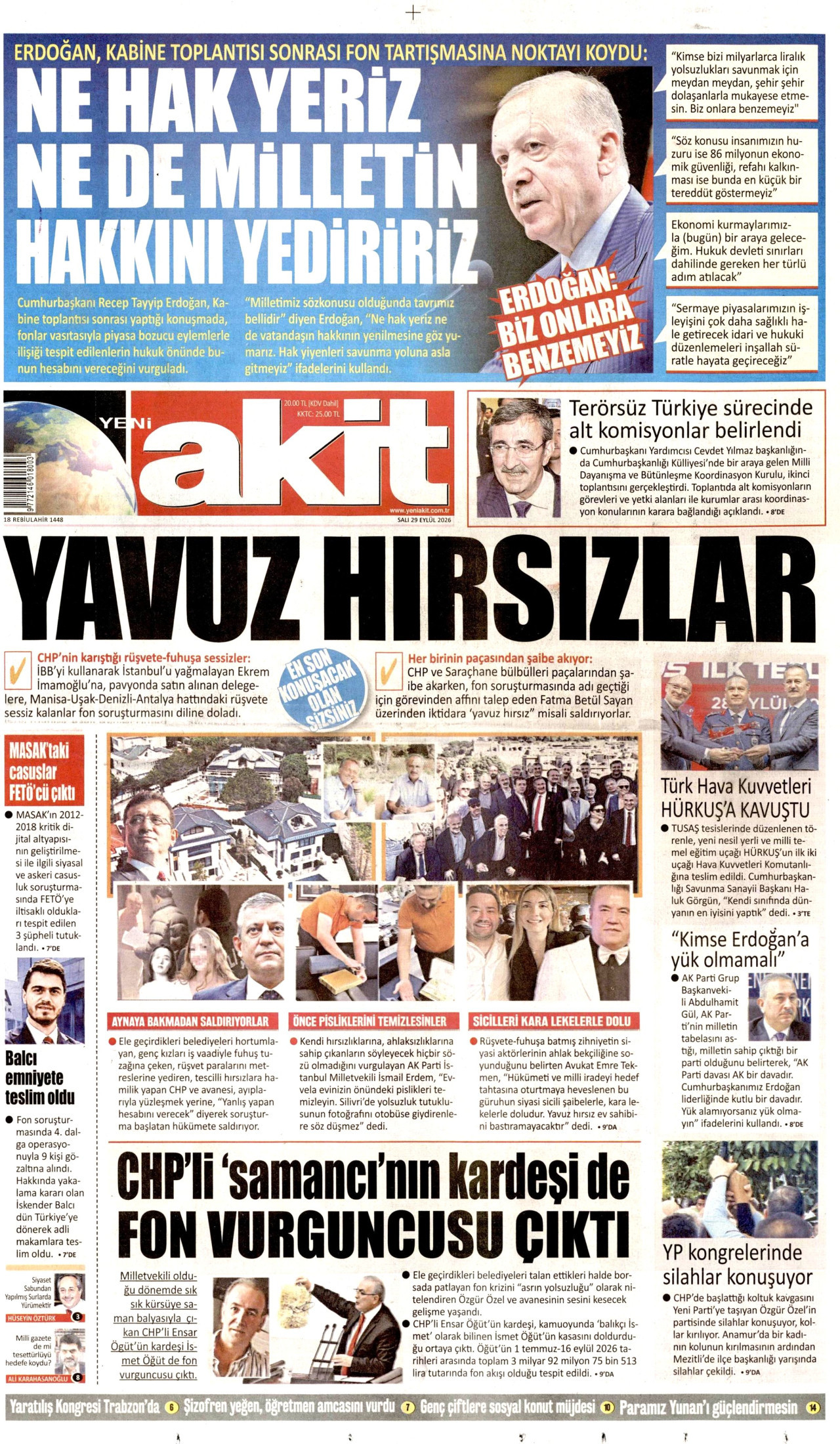YENİ AKİT gazetesinin 29 Eylül 2026 tarihli birinci sayfası