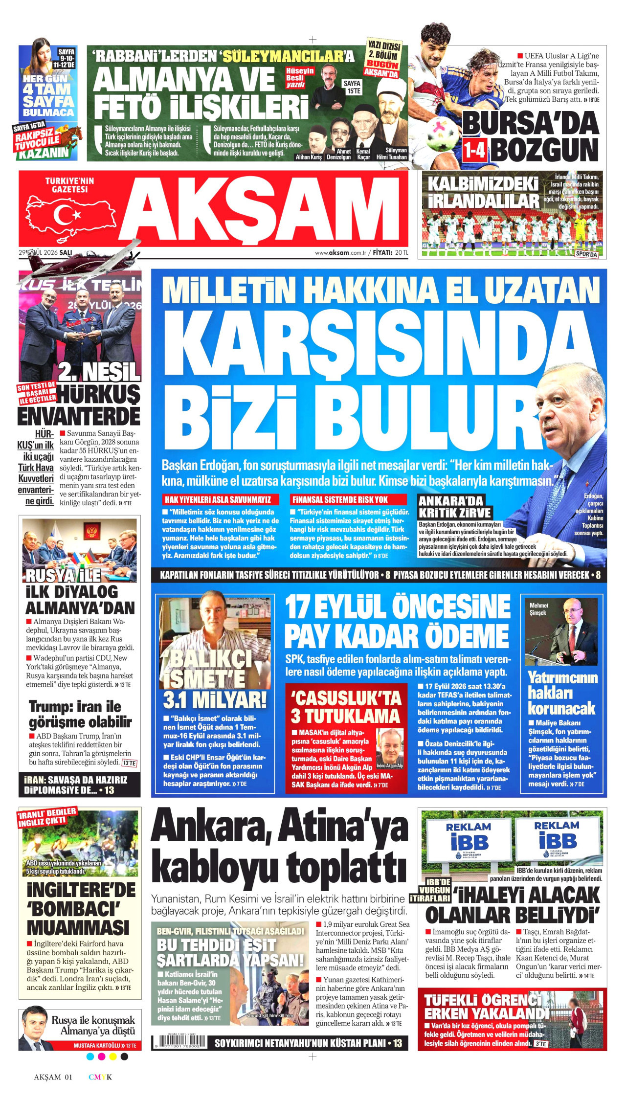 AKŞAM gazetesinin 29 Eylül 2026 tarihli birinci sayfası
