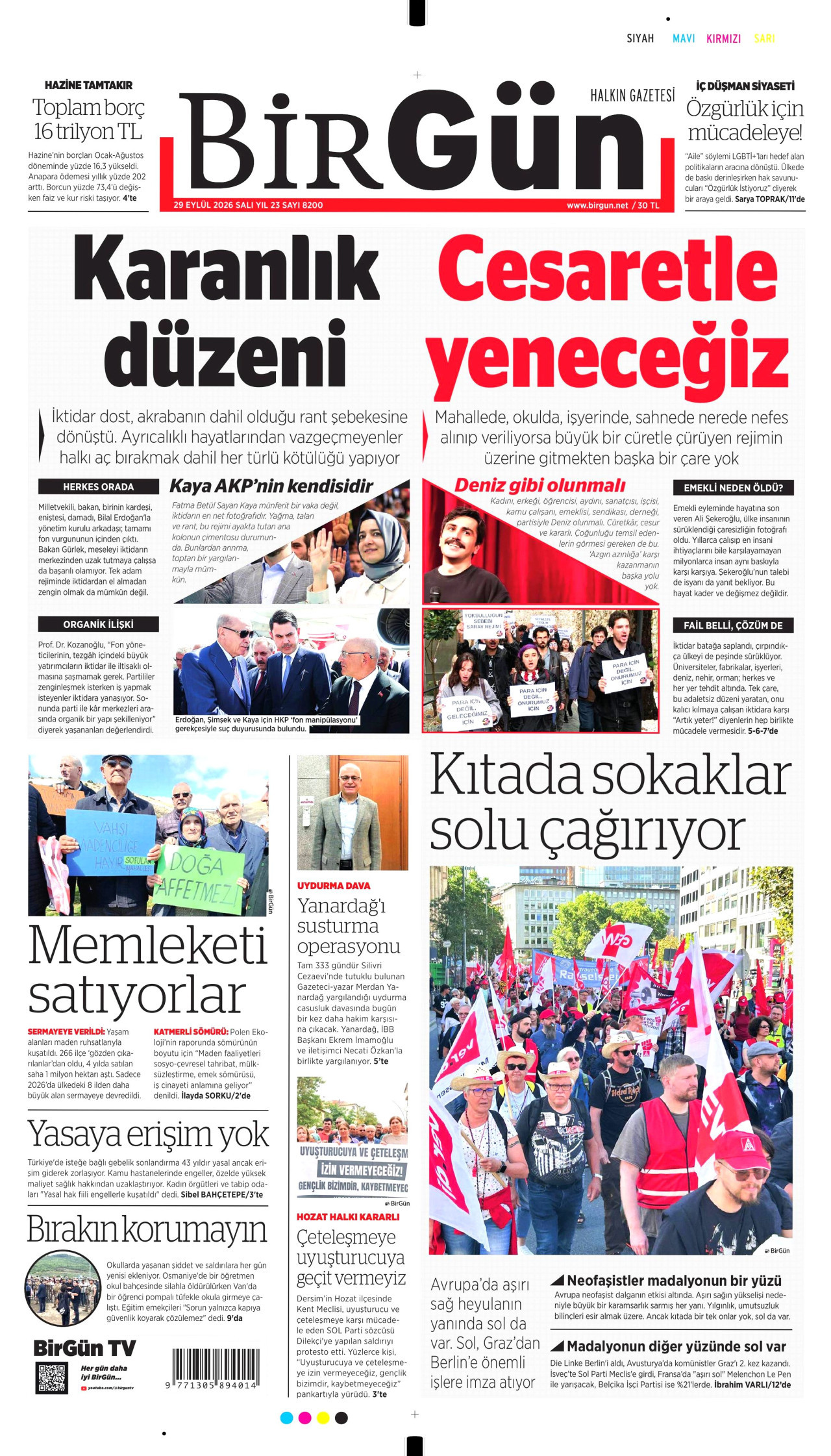 BİRGÜN gazetesinin 29 Eylül 2026 tarihli birinci sayfası