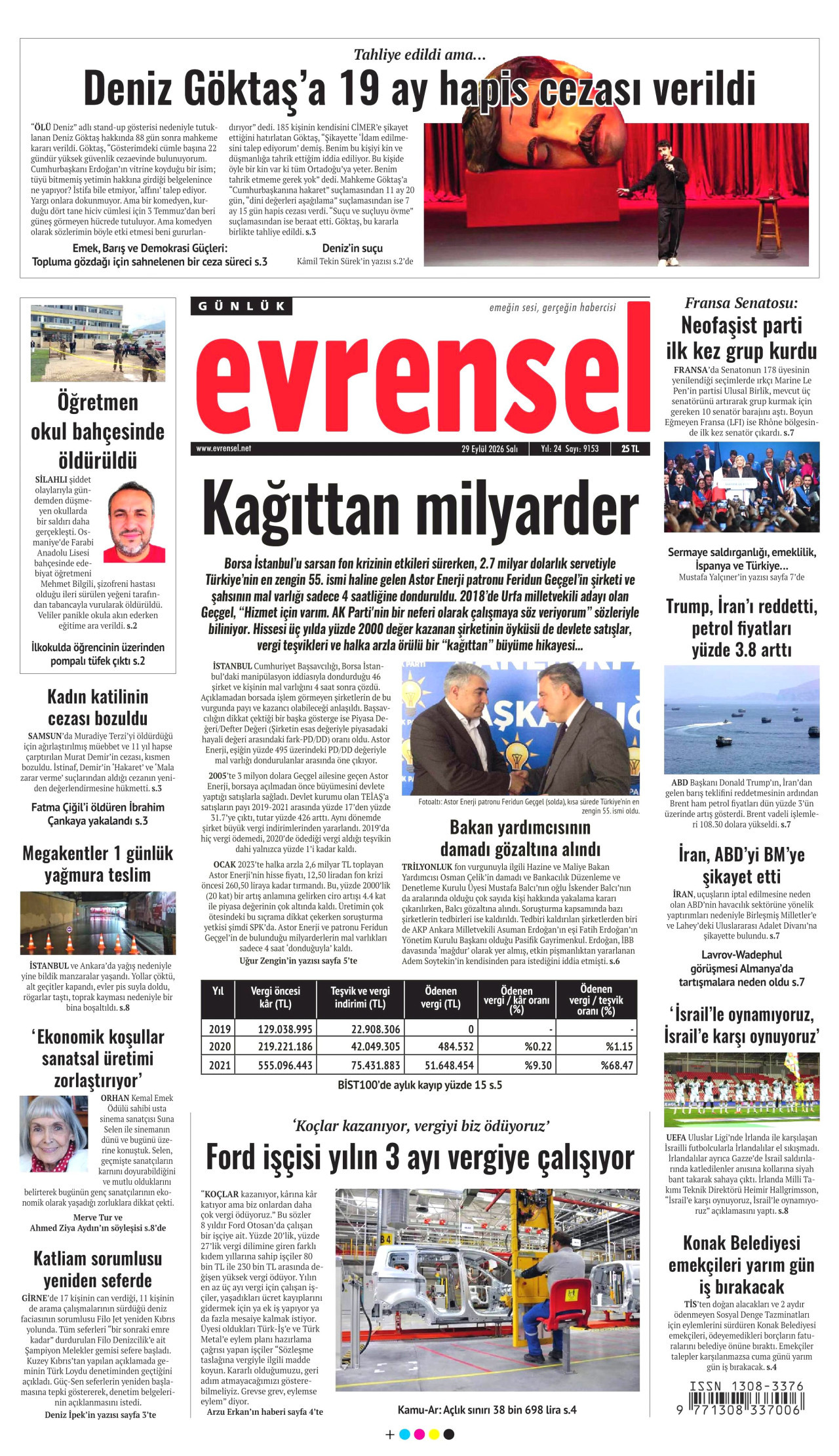 EVRENSEL gazetesinin 29 Eylül 2026 tarihli birinci sayfası