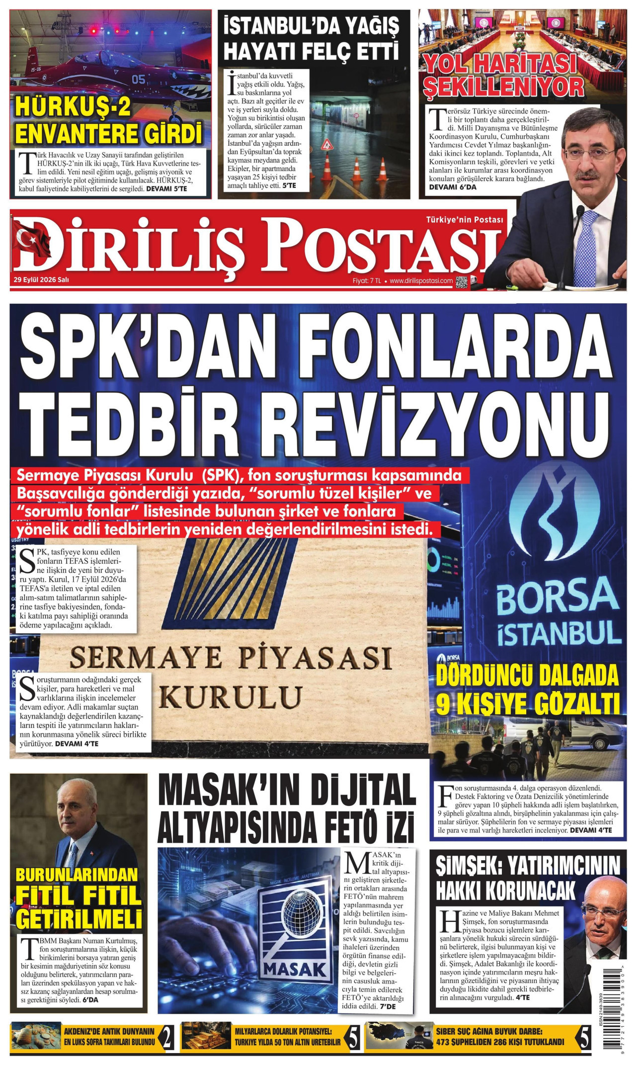 DİRİLİŞ POSTASI gazetesinin 29 Eylül 2026 tarihli birinci sayfası