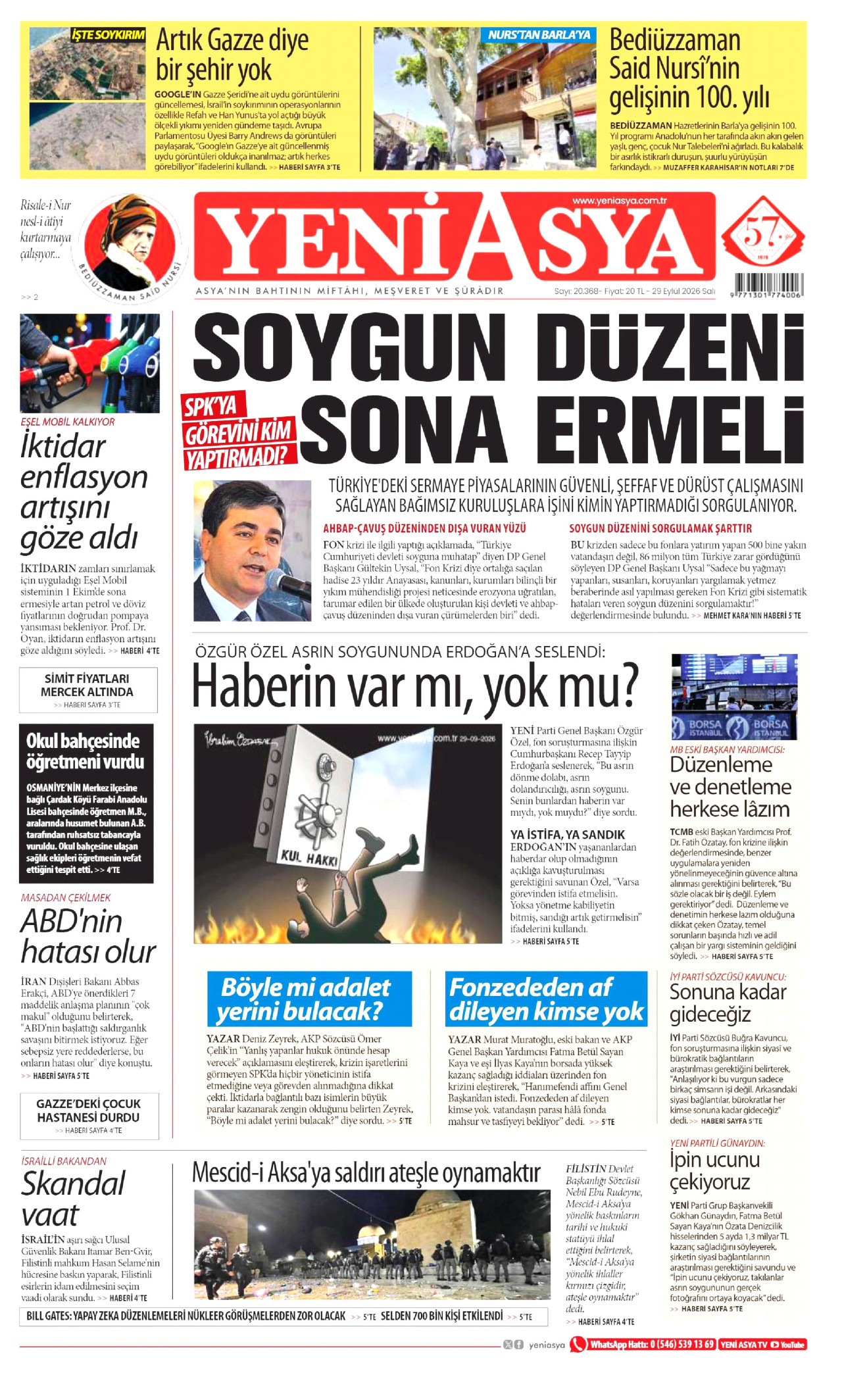 YENİ ASYA gazetesinin 29 Eylül 2026 tarihli birinci sayfası