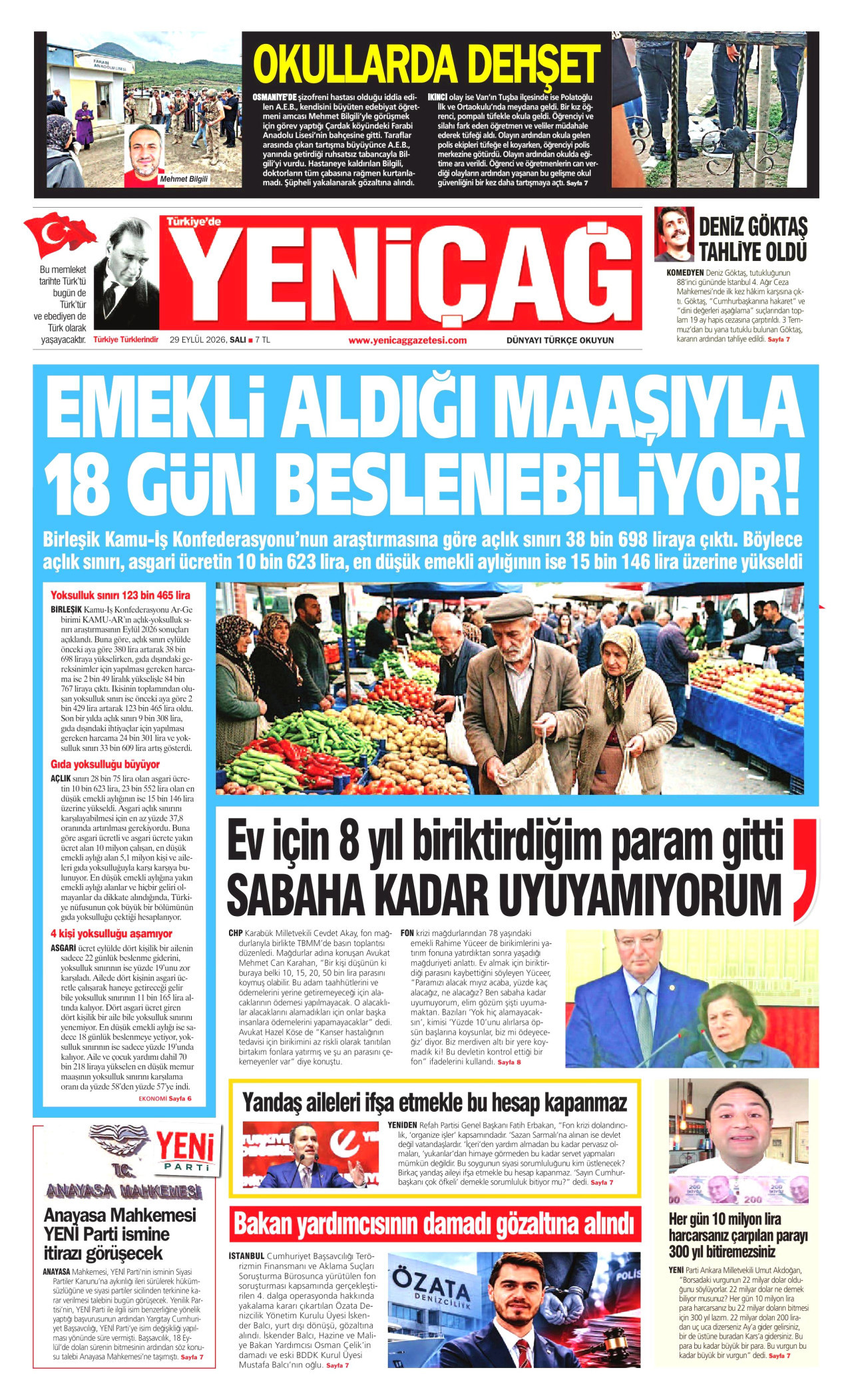 YENİÇAĞ gazetesinin 29 Eylül 2026 tarihli birinci sayfası