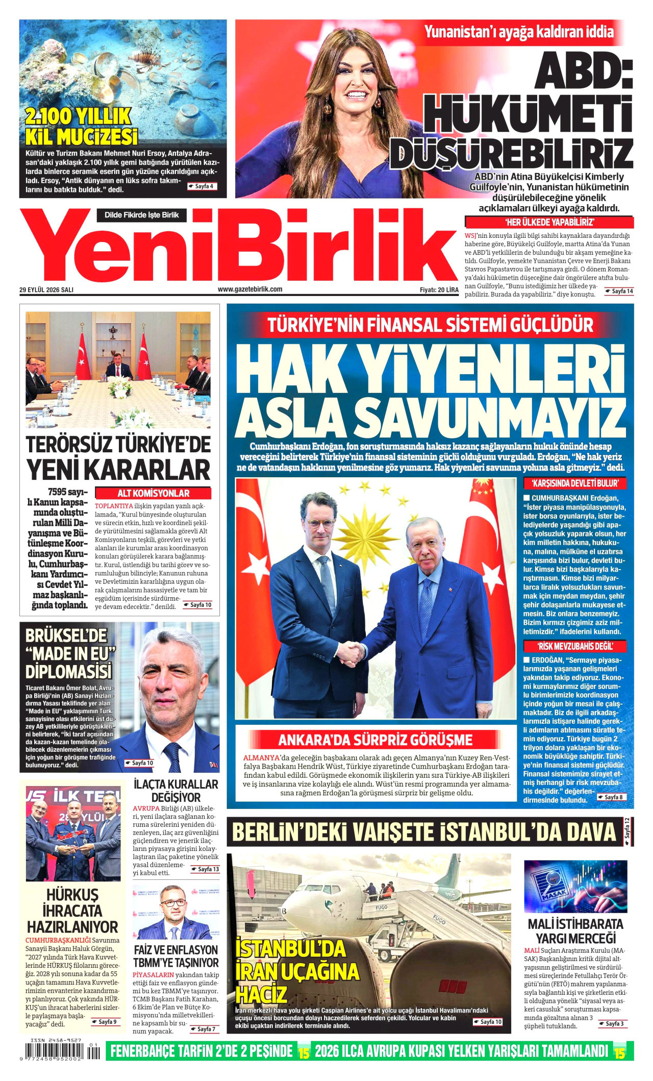 YENİBİRLİK gazetesinin 29 Eylül 2026 tarihli birinci sayfası