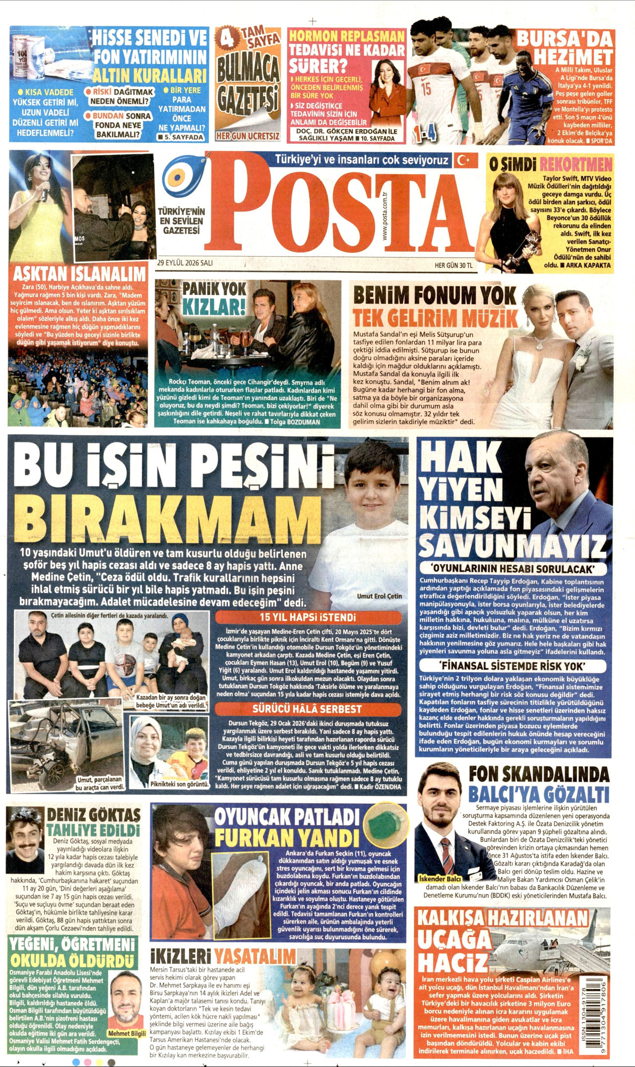 POSTA gazetesinin 29 Eylül 2026 tarihli birinci sayfası