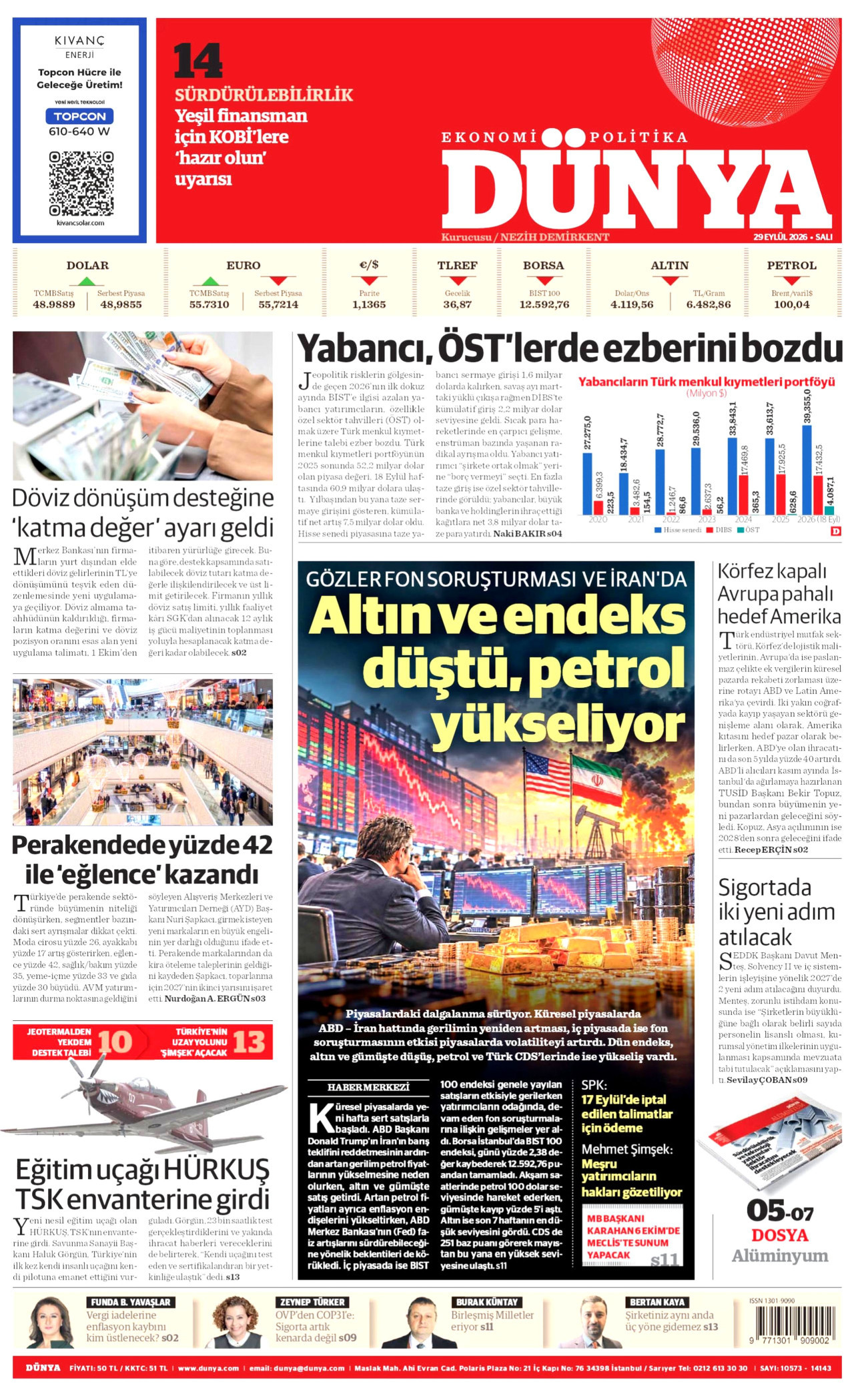 DÜNYA gazetesinin 29 Eylül 2026 tarihli birinci sayfası