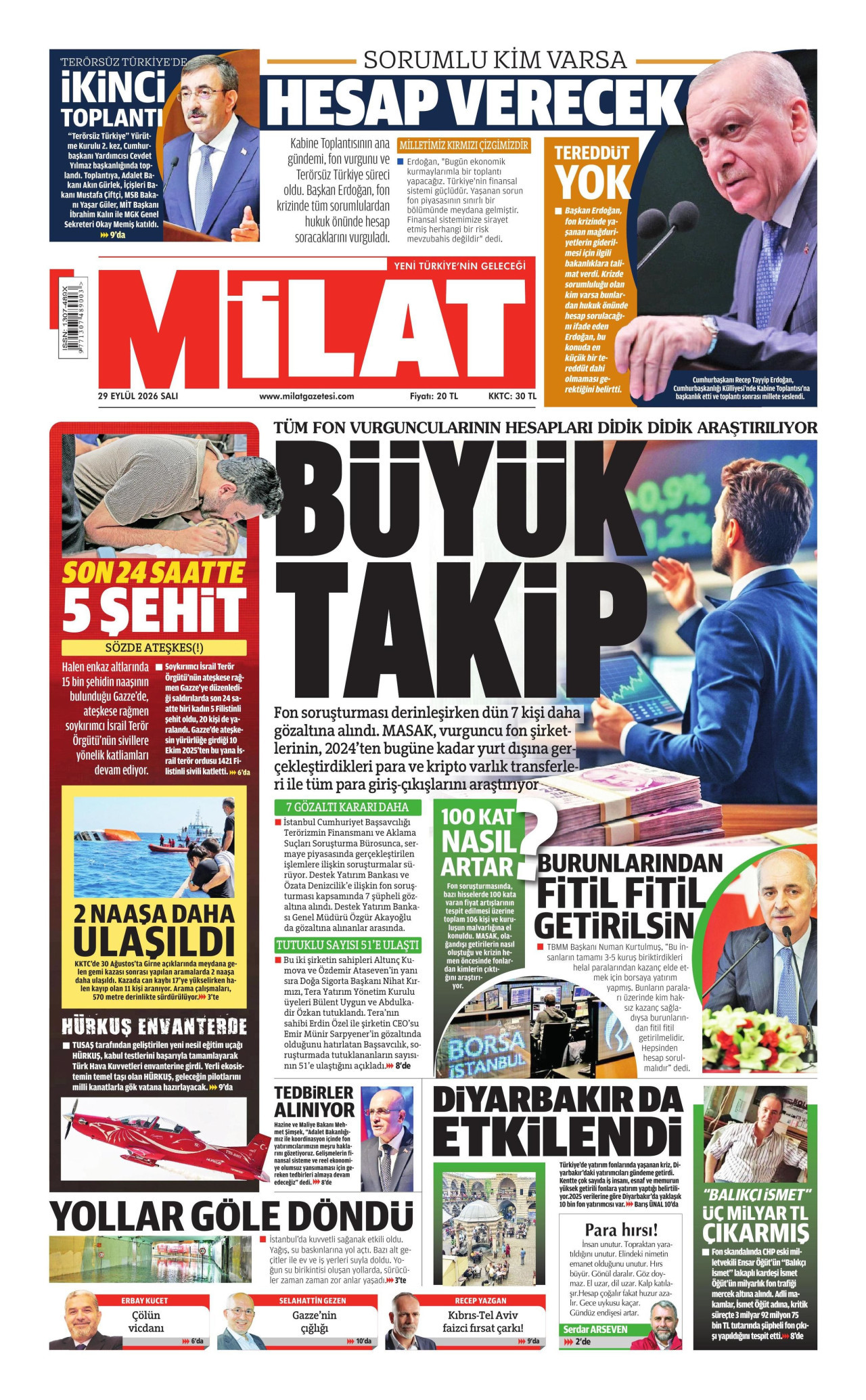 MİLAT gazetesinin 29 Eylül 2026 tarihli birinci sayfası