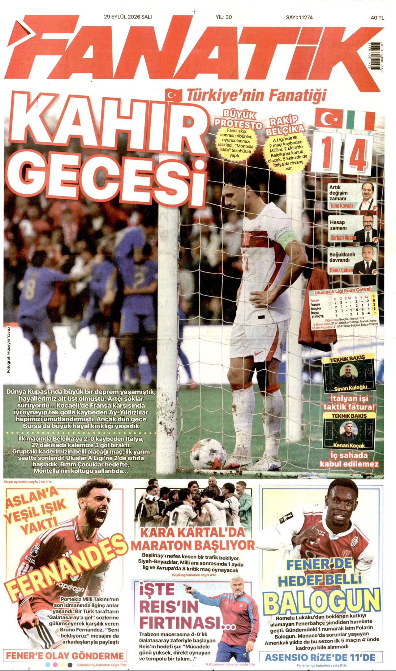 FANATİK gazetesinin 29 Eylül 2026 tarihli birinci sayfası