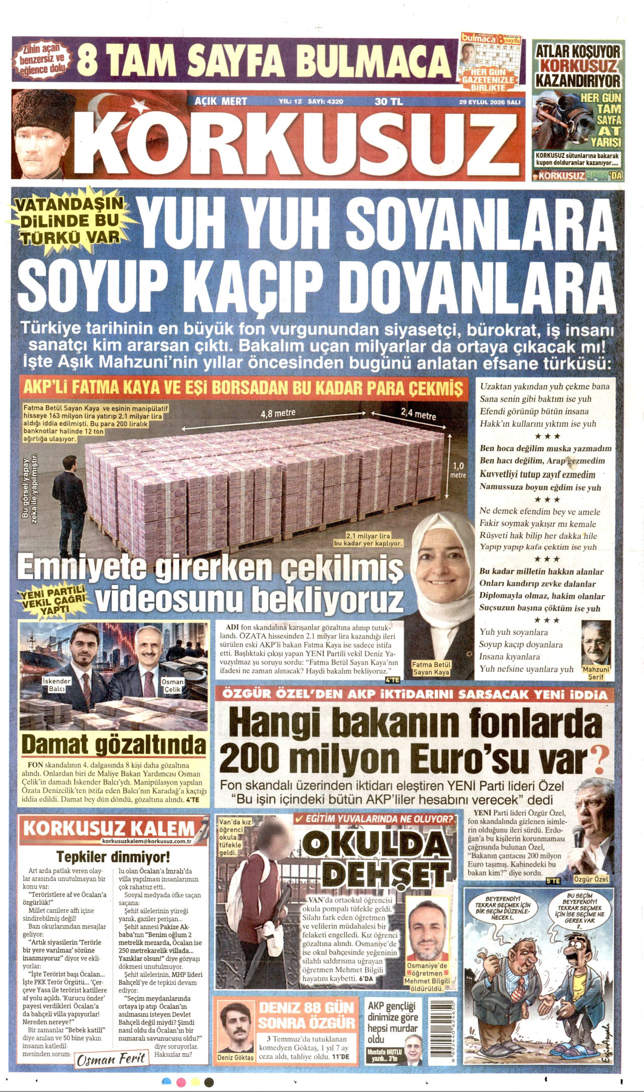 KORKUSUZ gazetesinin 29 Eylül 2026 tarihli birinci sayfası