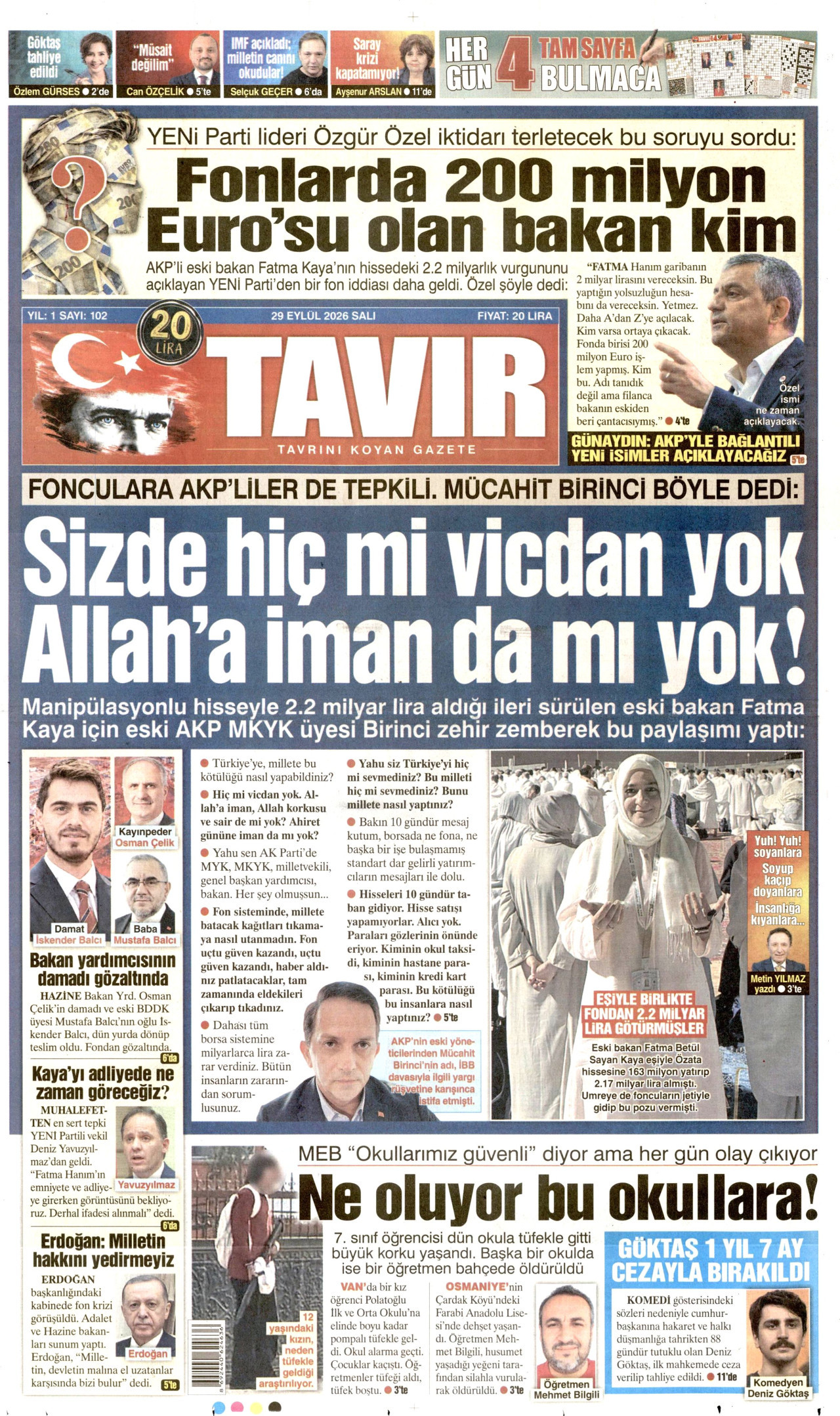 TAVIR GAZETESİ gazetesinin 29 Eylül 2026 tarihli birinci sayfası